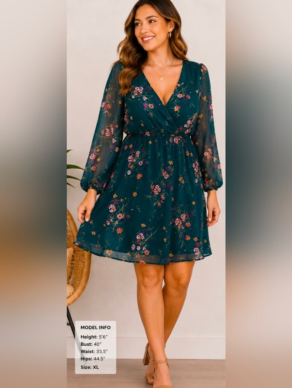 Cupshe Teal Floral Long-Sleeve Wrap Dress